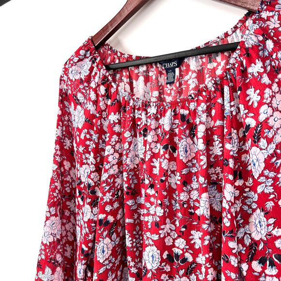 Ralph Lauren Chaps Womens Sz Large Red Lightweight Floral Blouse Shirt Top Beach - Picture 3 of 8